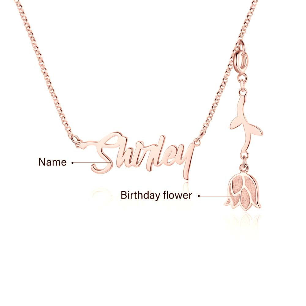 Personalized Rhodium Plated Birthflower Name Pendant Necklace