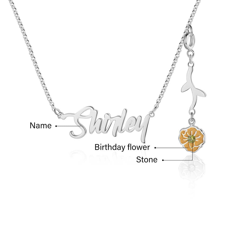 Personalized Rhodium Plated Birthflower Name Pendant Necklace