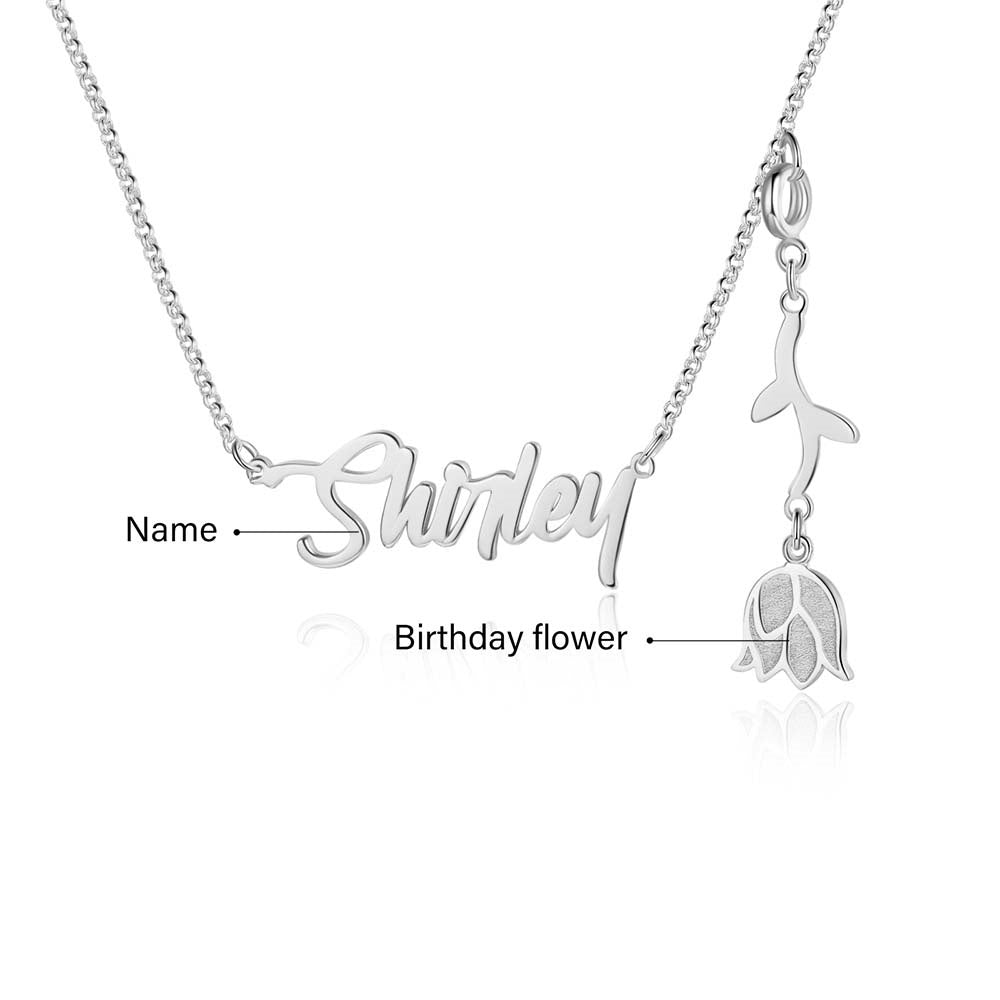 Personalized Rhodium Plated Birthflower Name Pendant Necklace