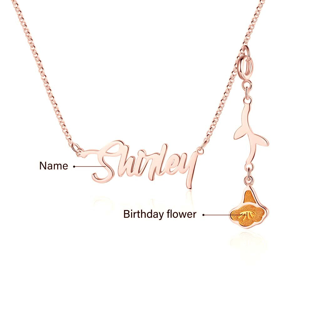 Personalized Rhodium Plated Birthflower Name Pendant Necklace