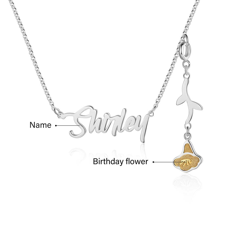 Personalized Rhodium Plated Birthflower Name Pendant Necklace