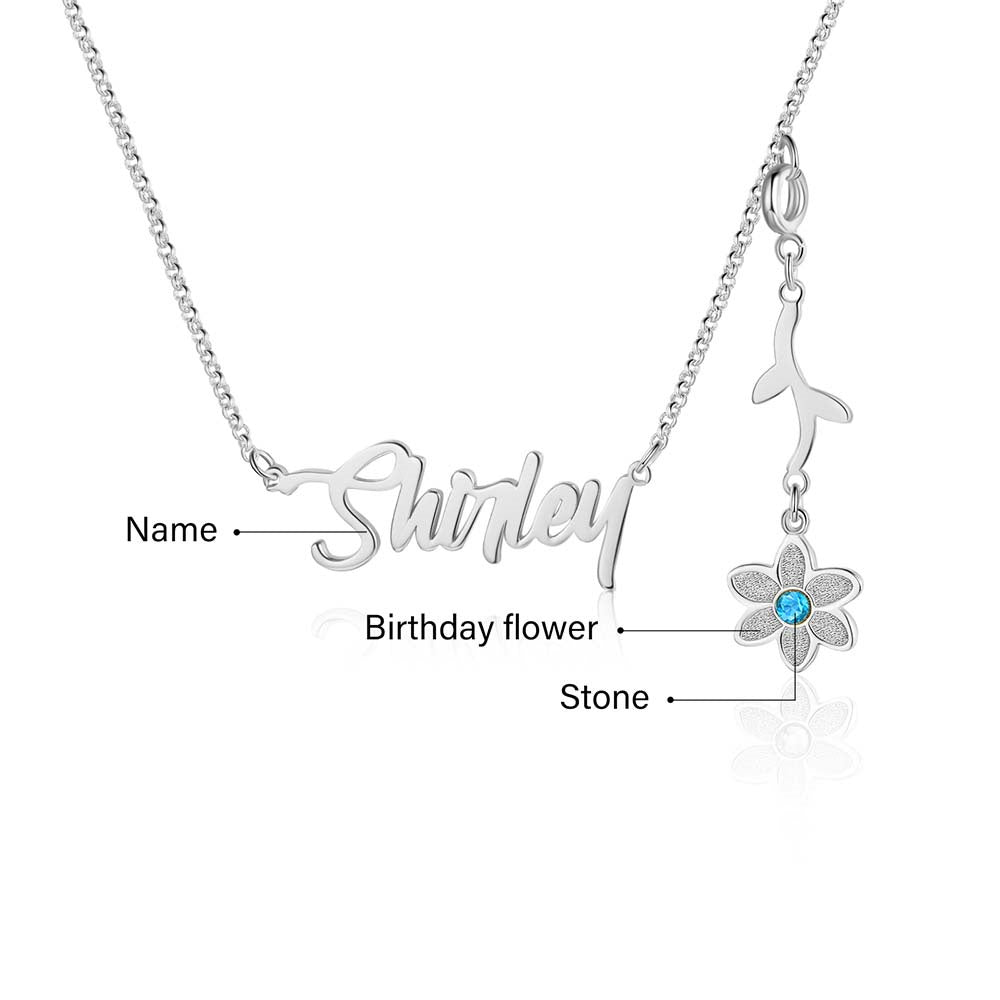 Personalized Rhodium Plated Birthflower Name Pendant Necklace