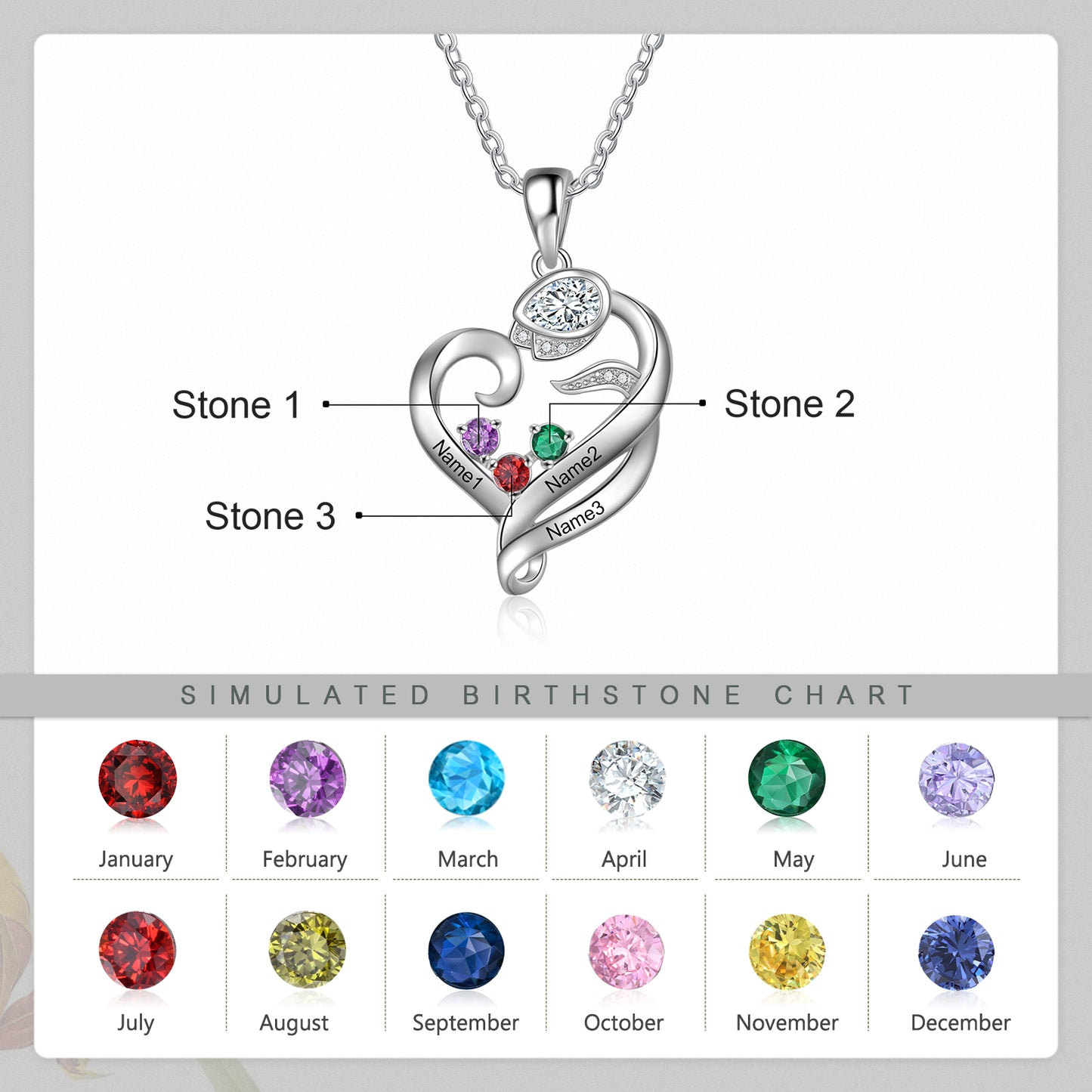 Birthstone & Engraved Rhodium plated Necklace