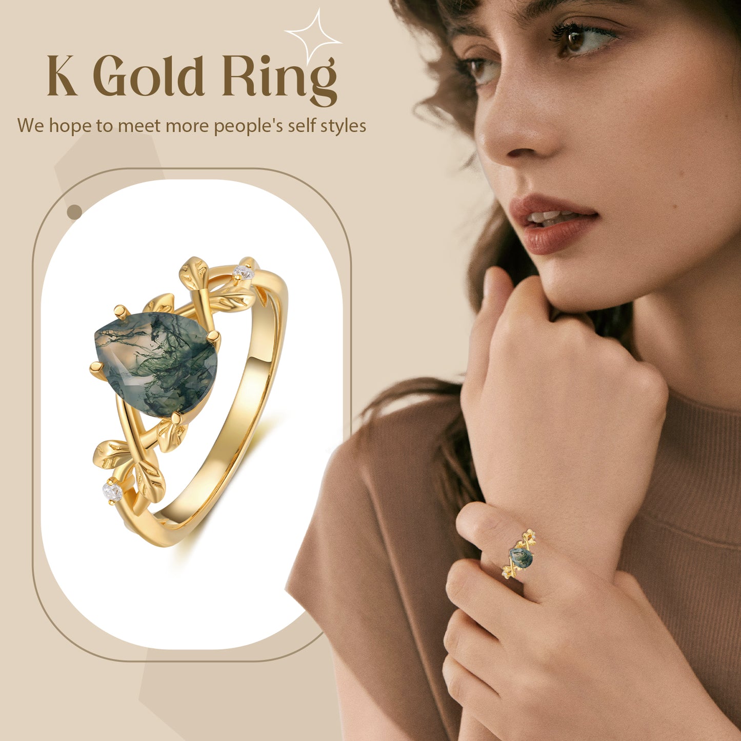 K Gold Natural Moss Agate Ring