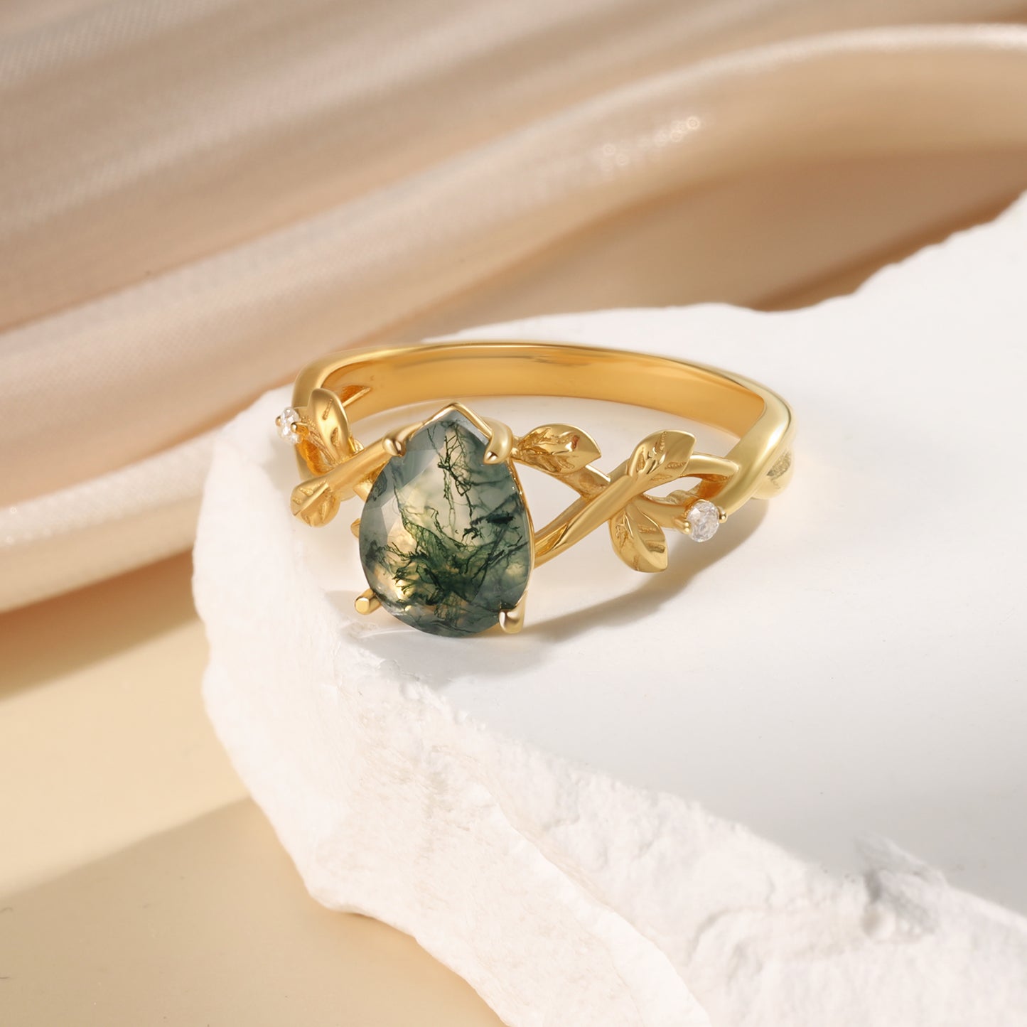 K Gold Natural Moss Agate Ring