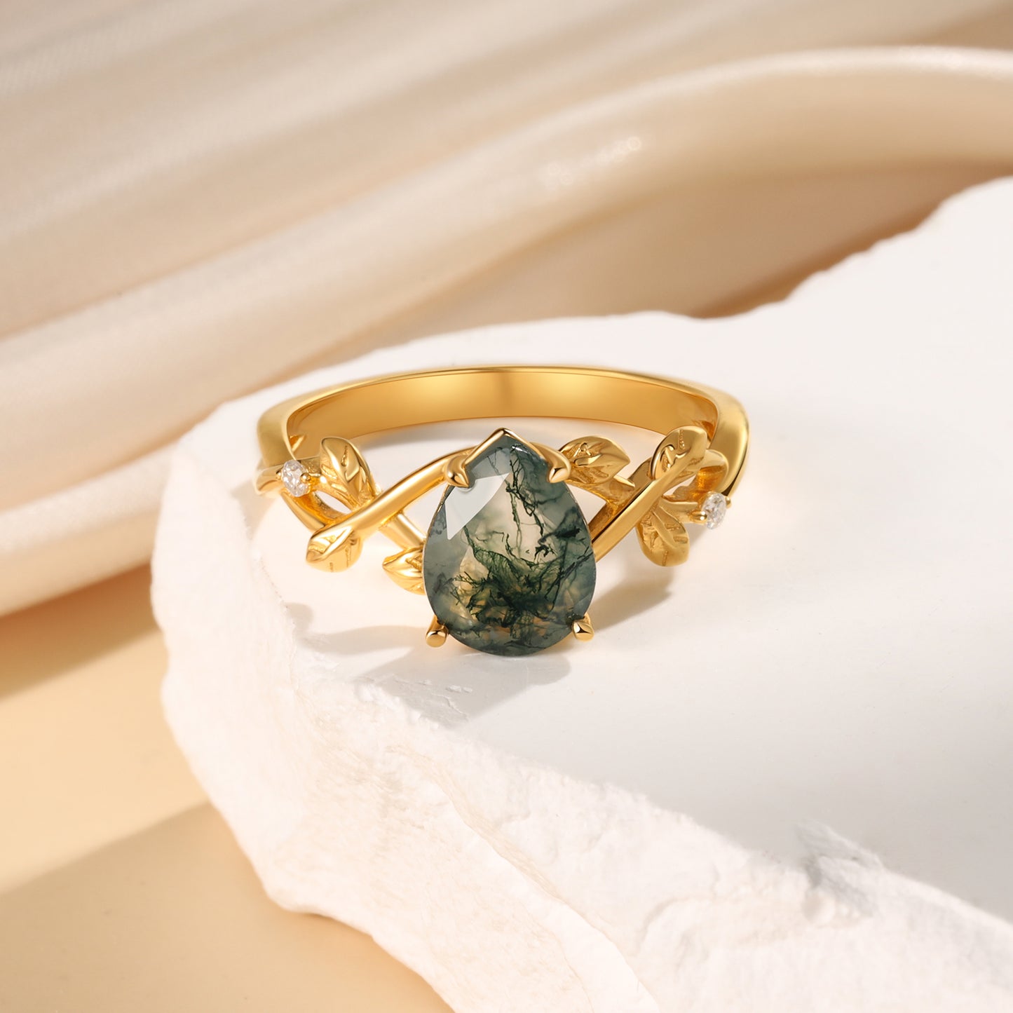 K Gold Natural Moss Agate Ring