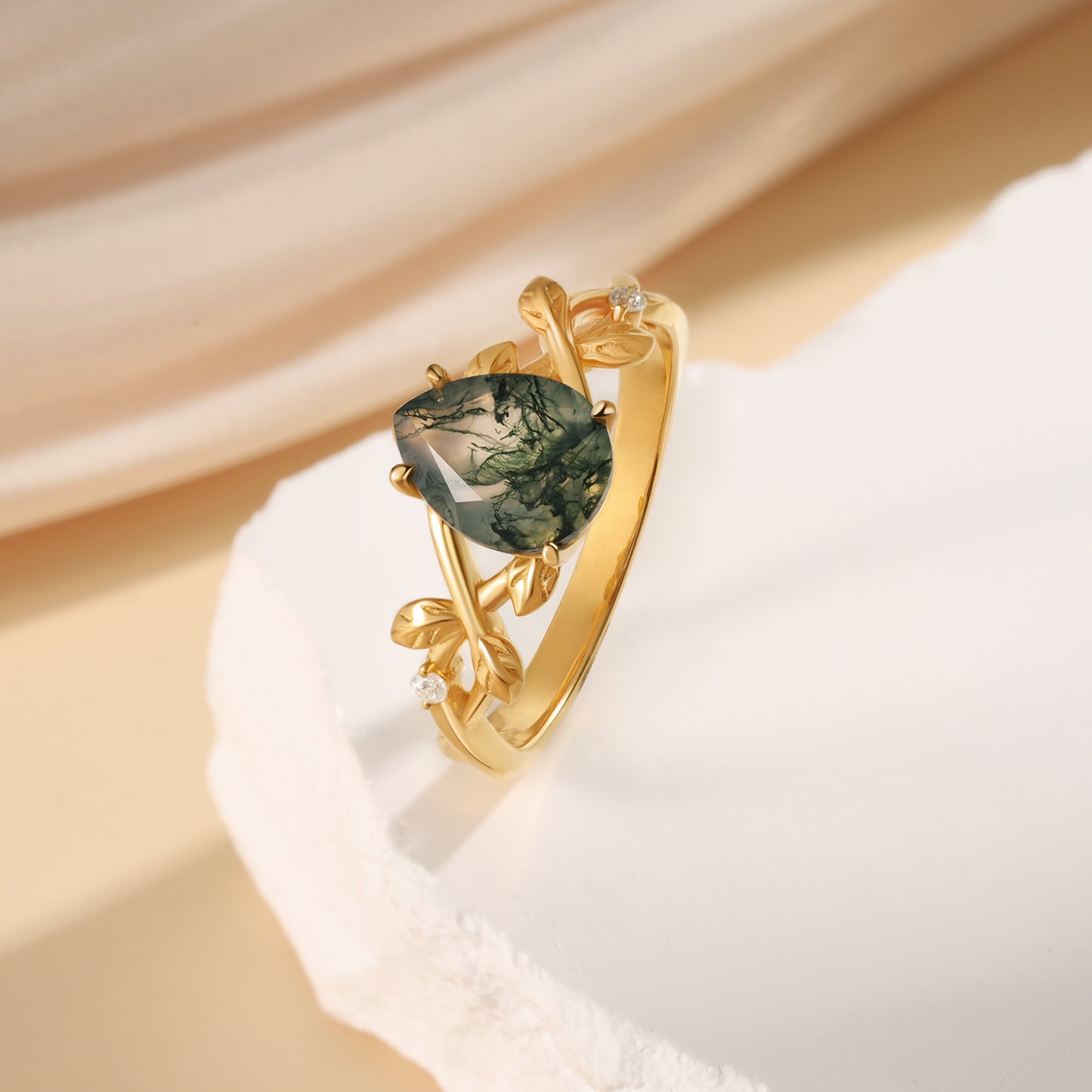 K Gold Natural Moss Agate Ring