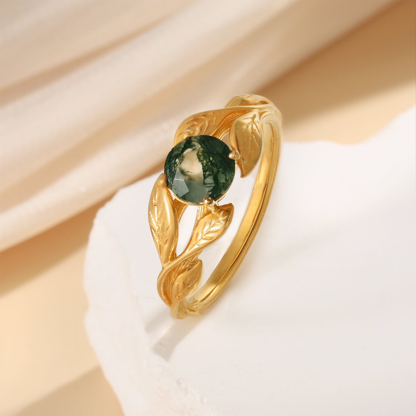 K Gold Natural Moss Agate Ring