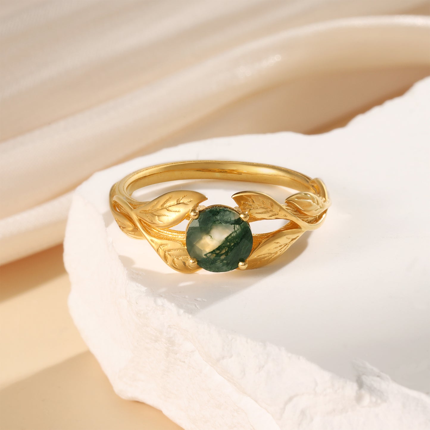 K Gold Natural Moss Agate Ring