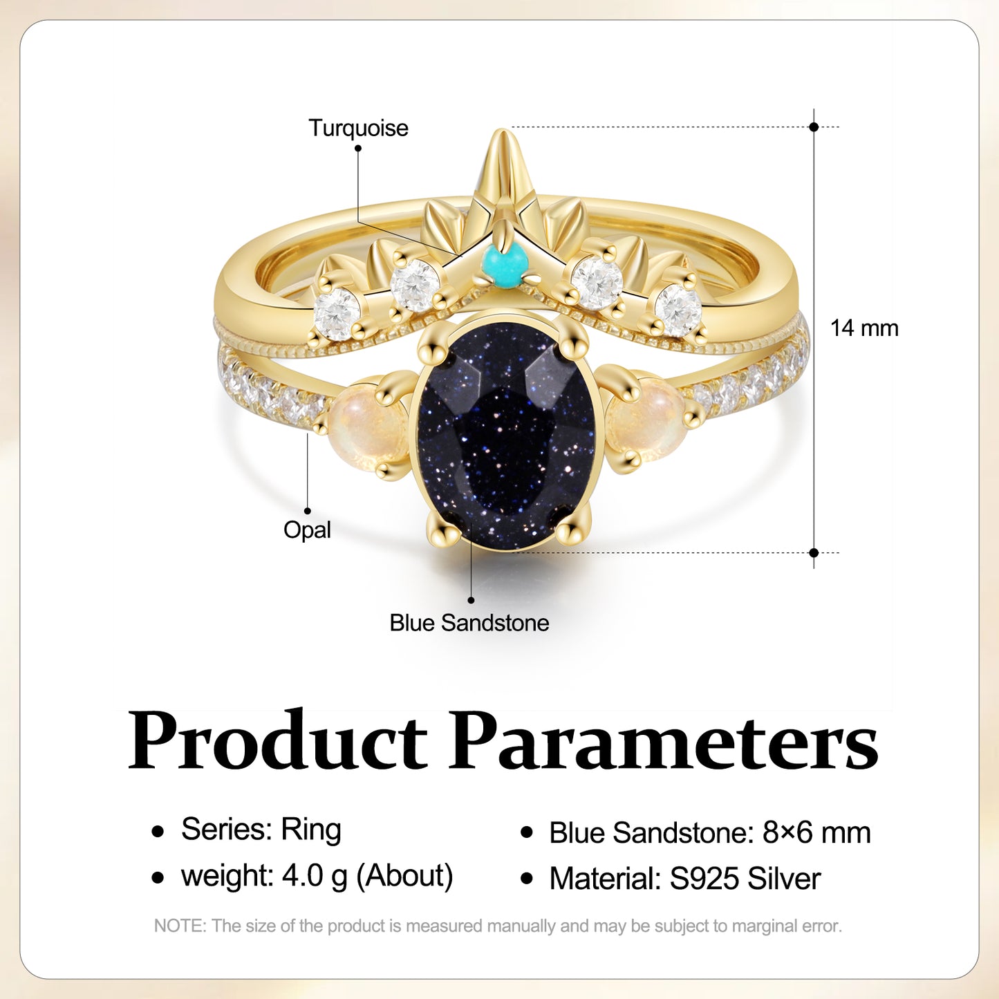 K Gold Natural Blue Sandstone Ring