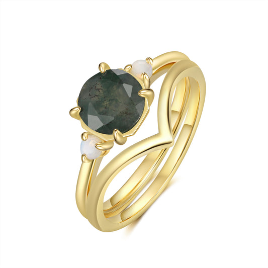 K Gold Natural Moss Agate Ring