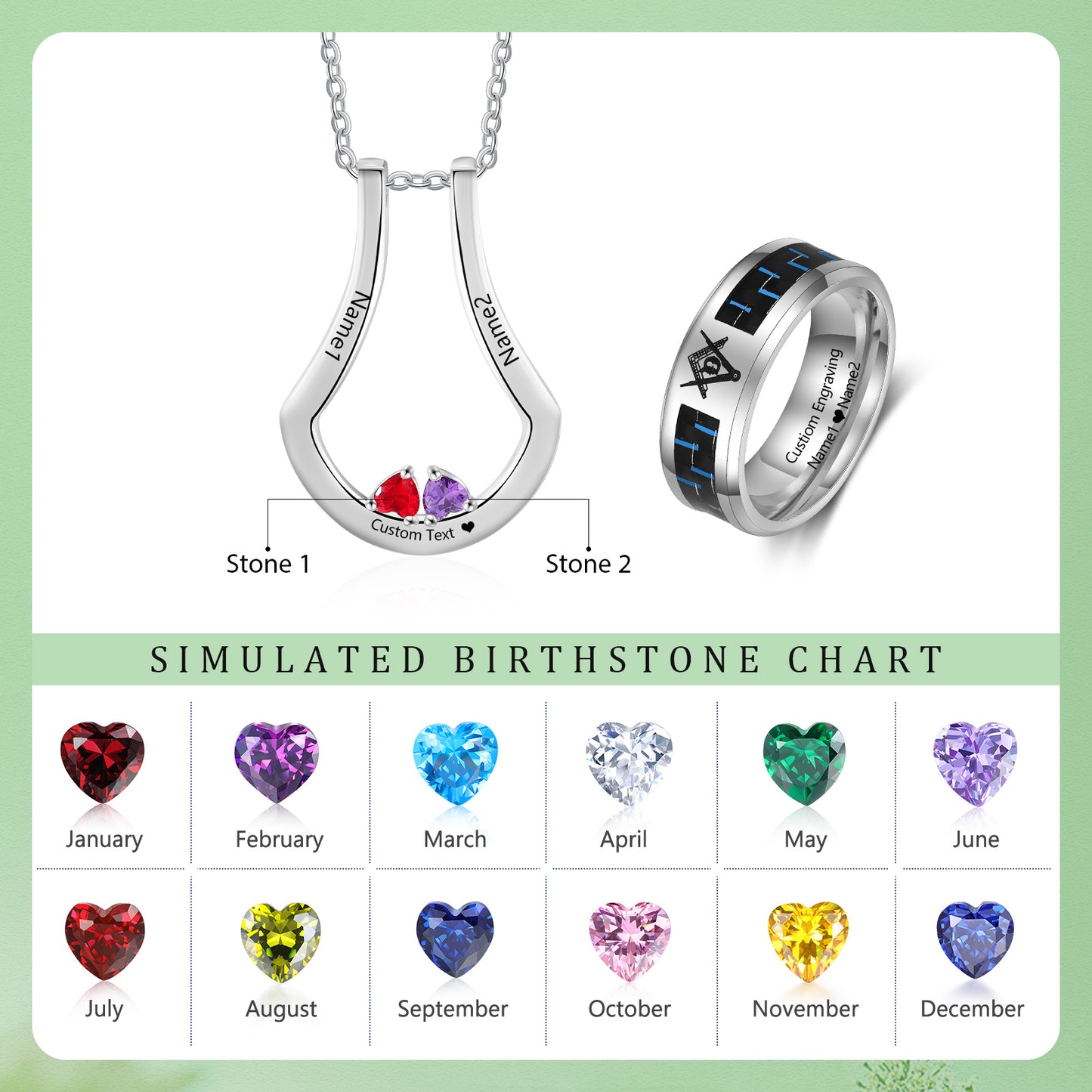 Custom Birthstone Necklace with Stainless Steel Ring