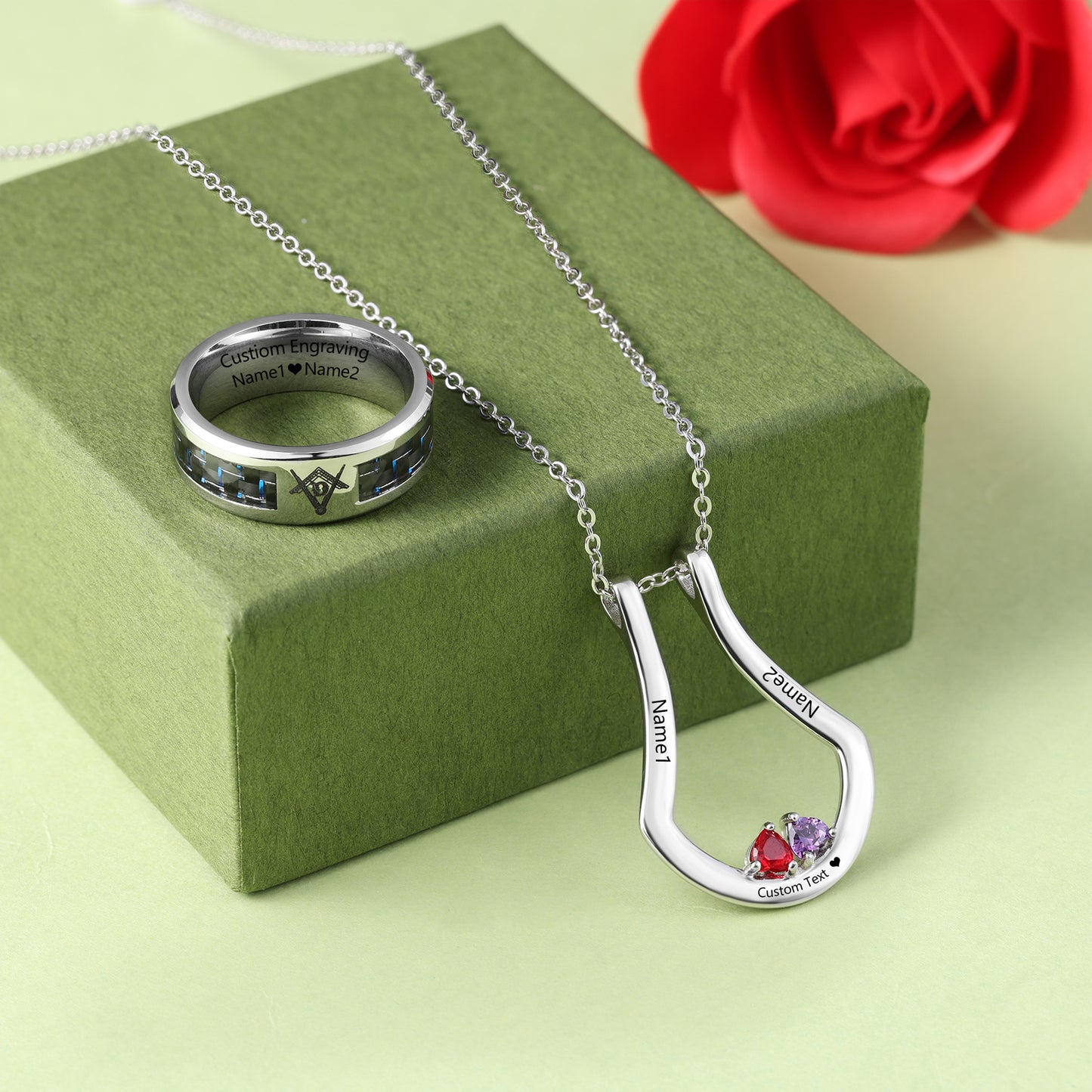 Custom Birthstone Necklace with Stainless Steel Ring
