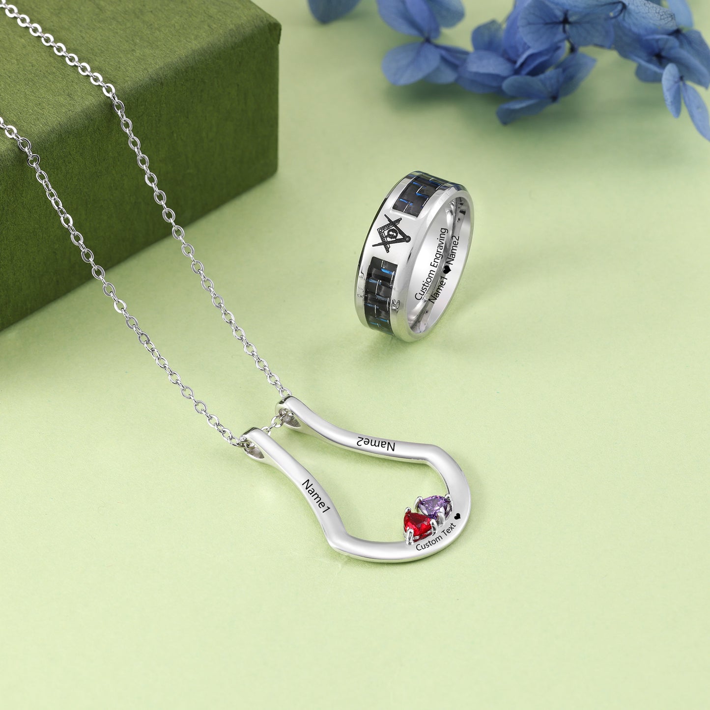 Custom Birthstone Necklace with Stainless Steel Ring