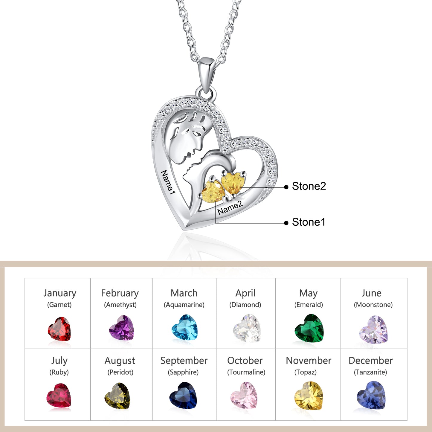 Custom Birthstone Heart Necklace with Child and Adult