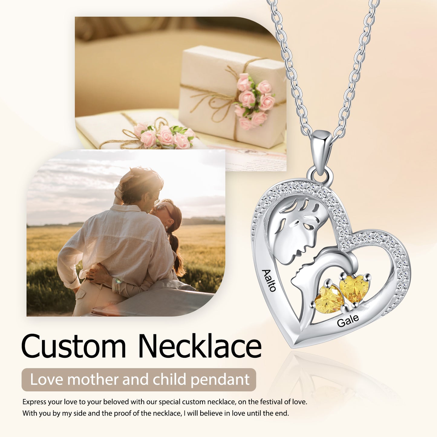 Custom Birthstone Heart Necklace with Child and Adult