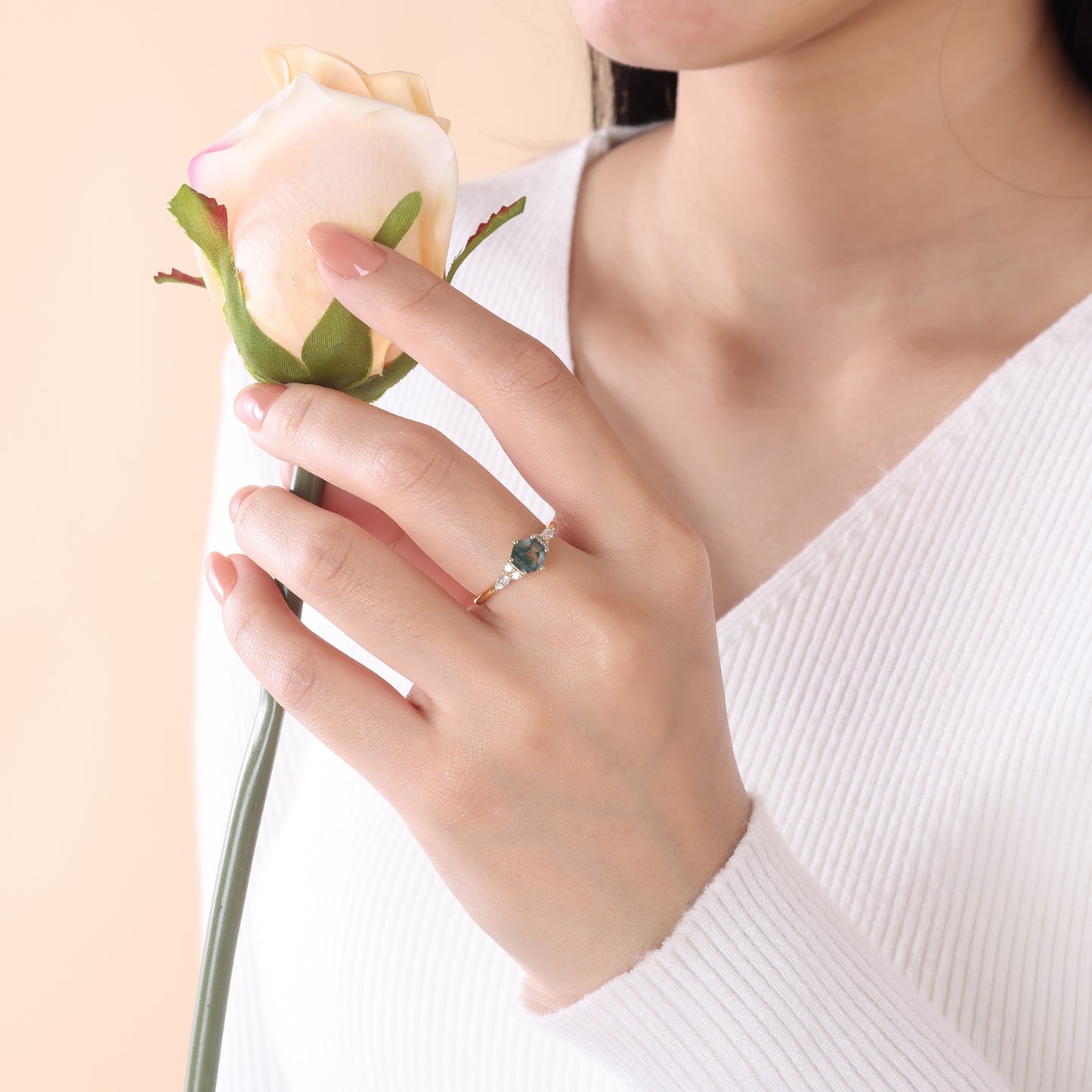 925 Sterling Silver Natural Moss Agate Ring