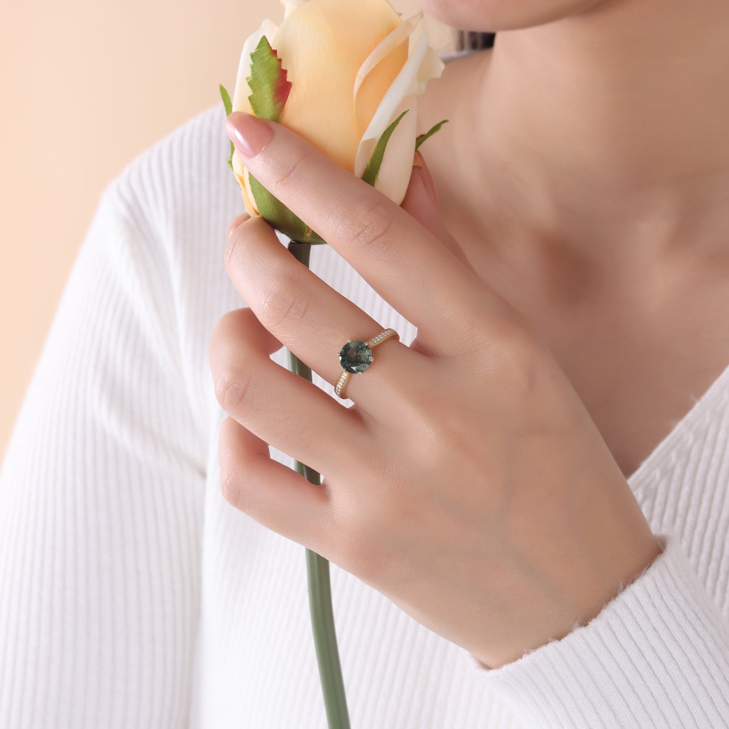 925 Sterling Silver Natural Moss Agate Ring