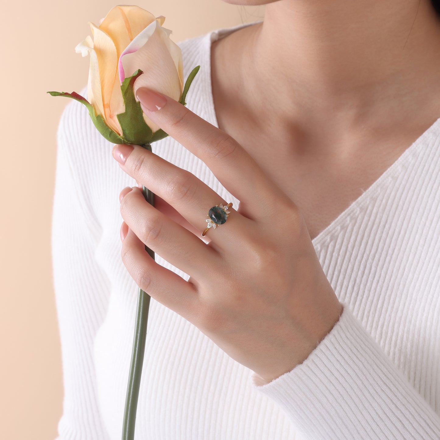 925 Sterling Silver Natural Moss Agate Ring