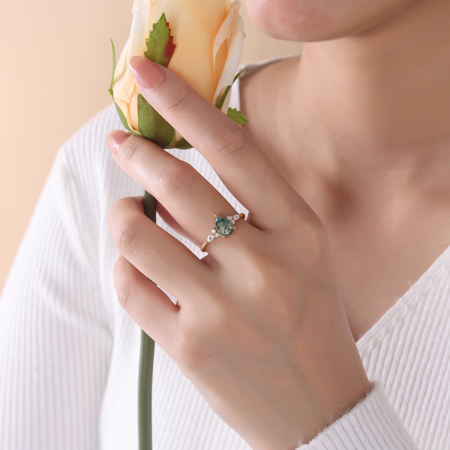 925 Sterling Silver Natural Moss Agate Ring