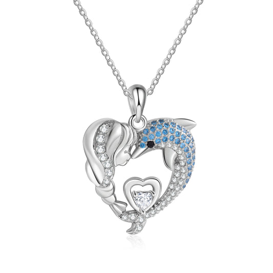 Heart Pendant Necklace with Girl and Dolphin