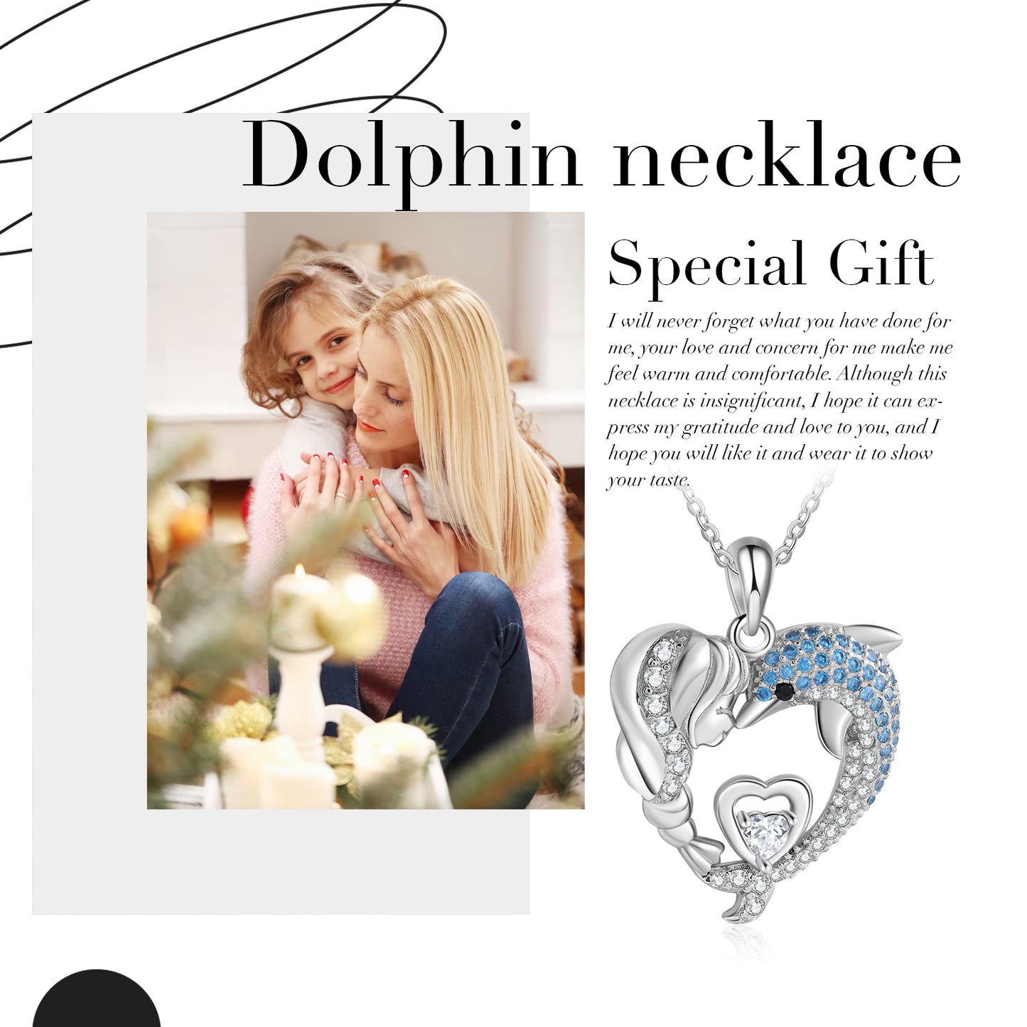 Heart Pendant Necklace with Girl and Dolphin