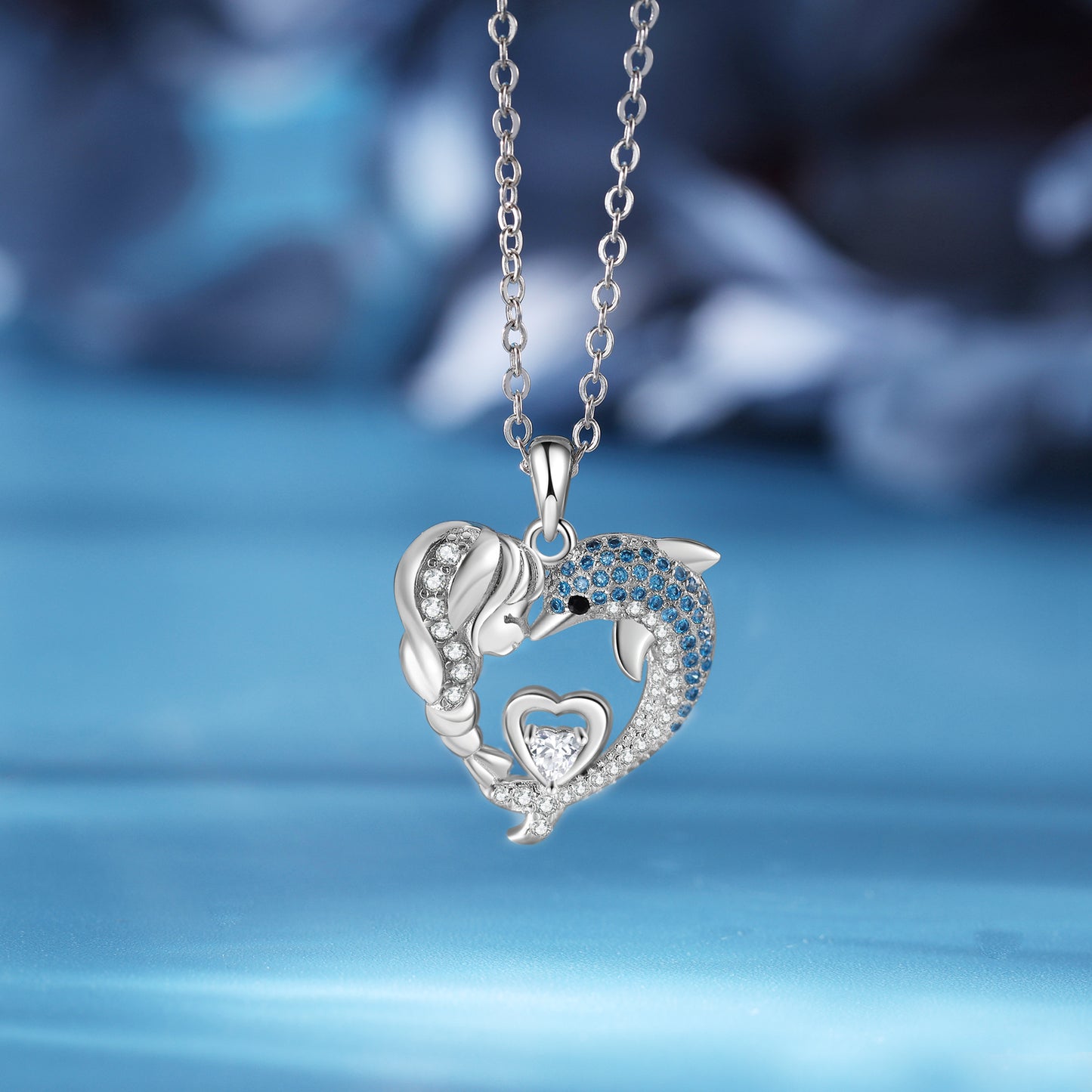 Heart Pendant Necklace with Girl and Dolphin