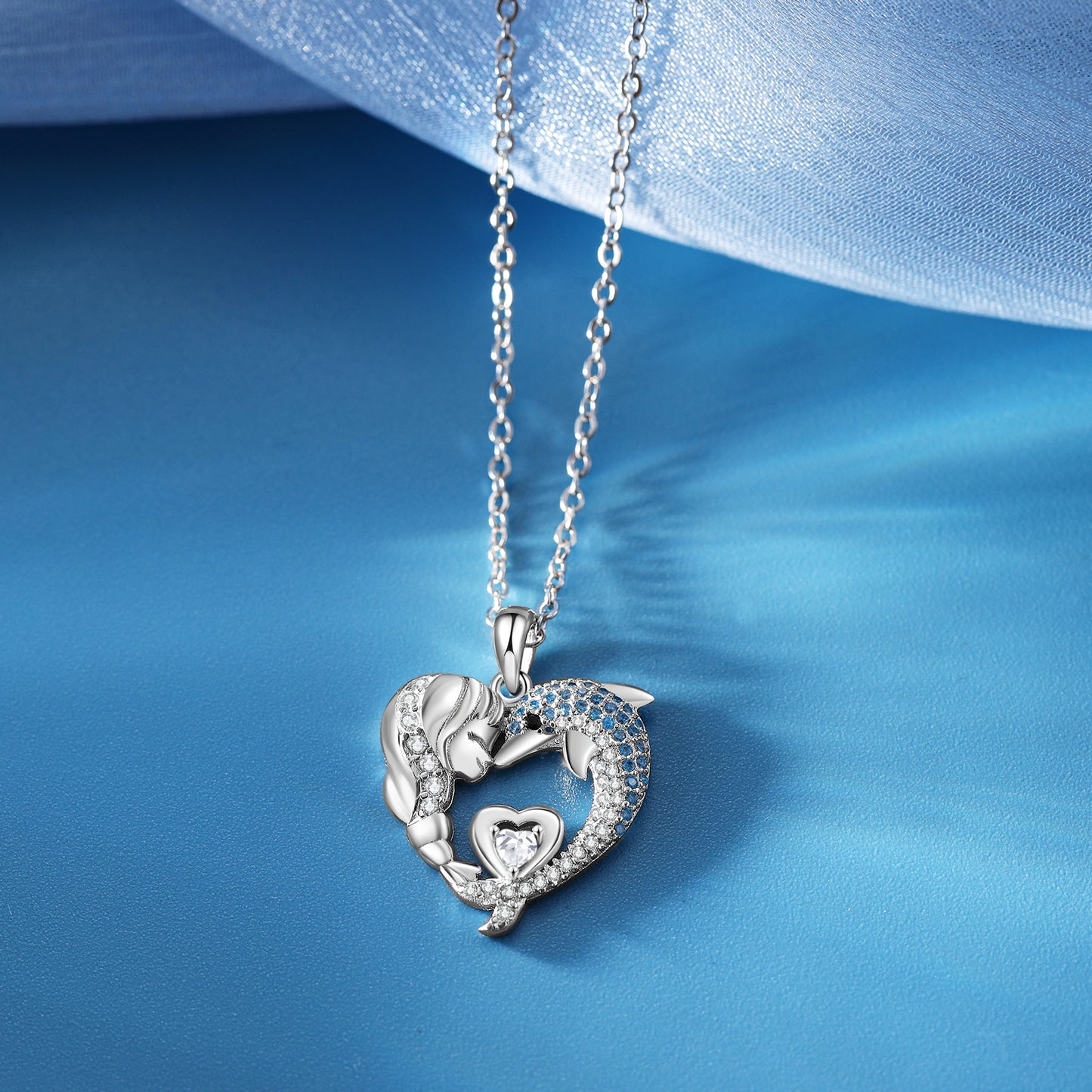 Heart Pendant Necklace with Girl and Dolphin