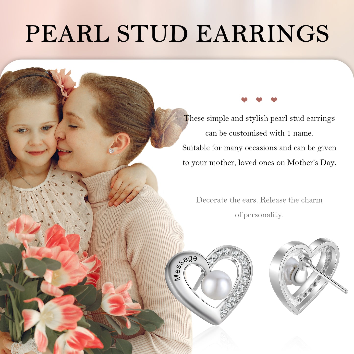 Custom Heart Stud Earrings with Pearl