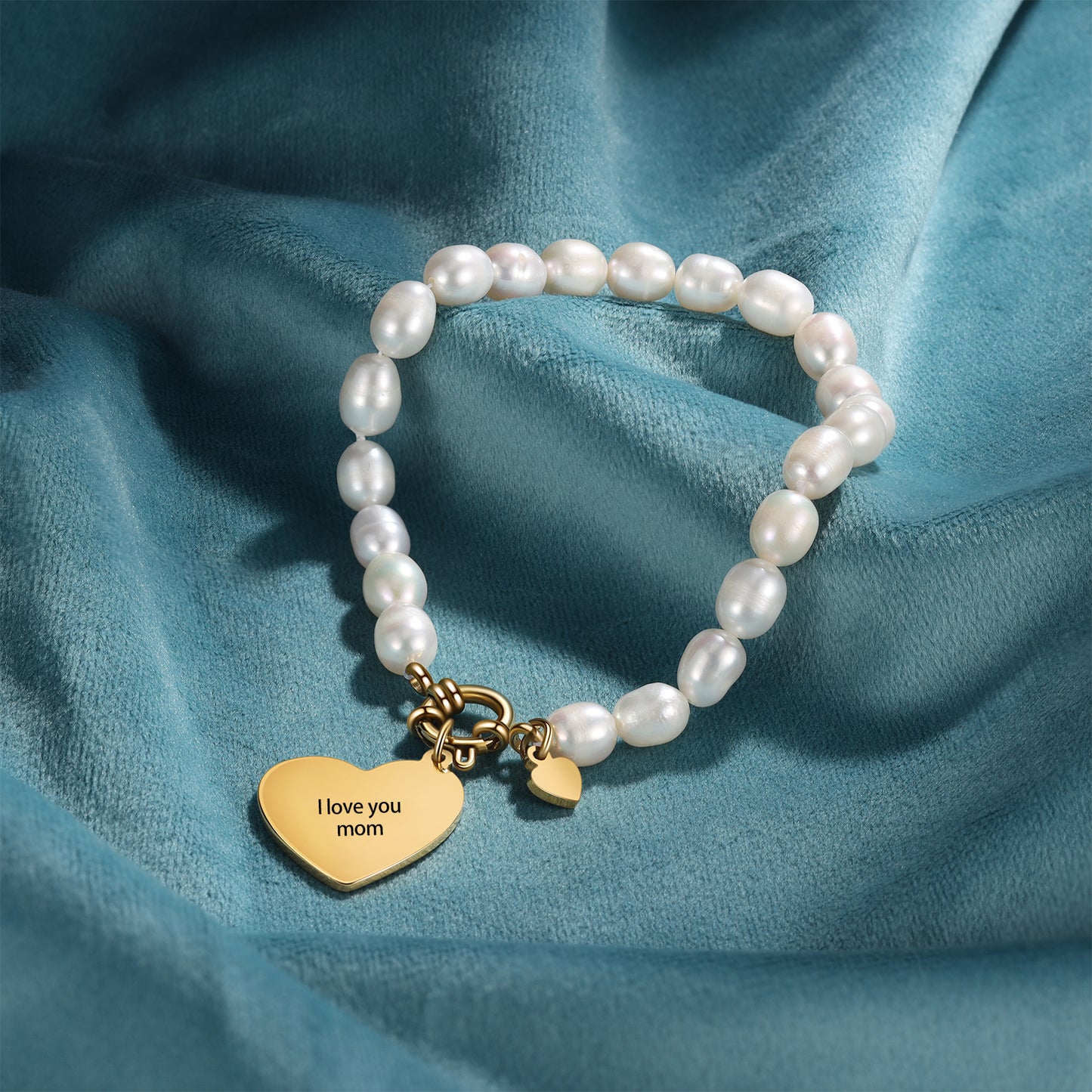 Custom Photo Pearl Bracelet with Heart Charm