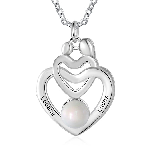 Custom Mother and Child Heart Necklace with Pearl