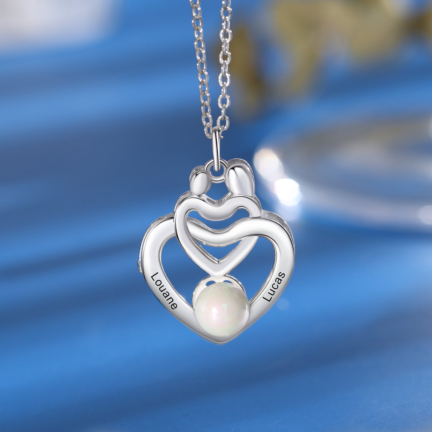Custom Mother and Child Heart Necklace with Pearl