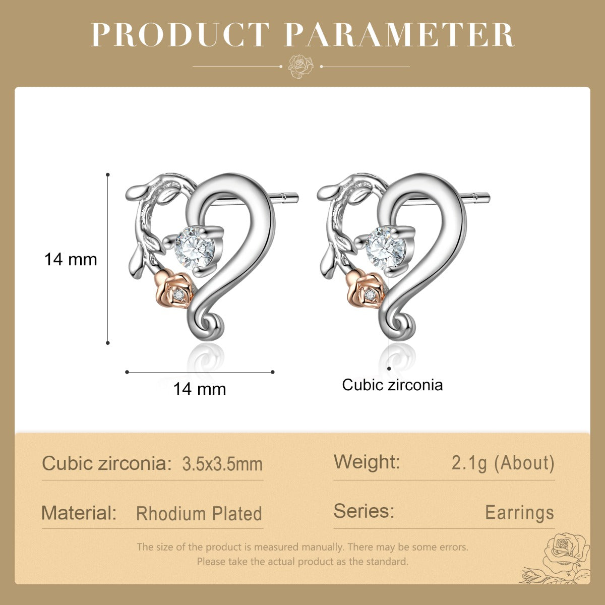 Copper CZ Heart Shape Flower Stud Earrings