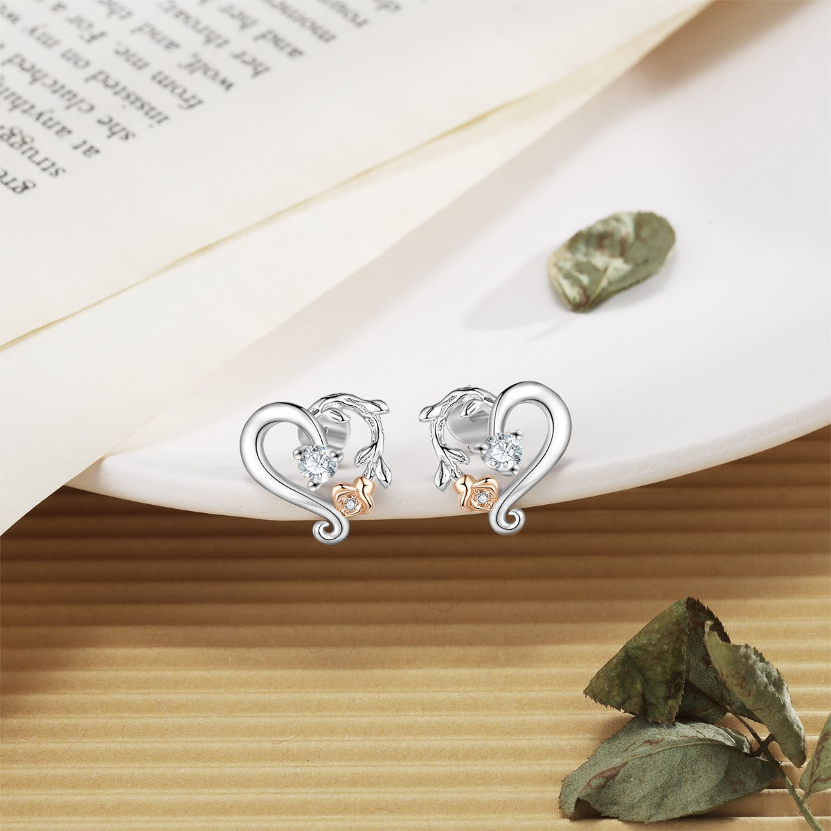 Copper CZ Heart Shape Flower Stud Earrings