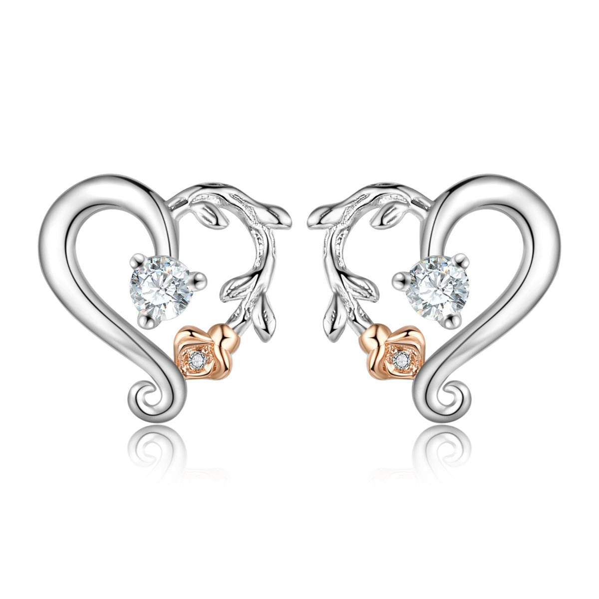 Copper CZ Heart Shape Flower Stud Earrings