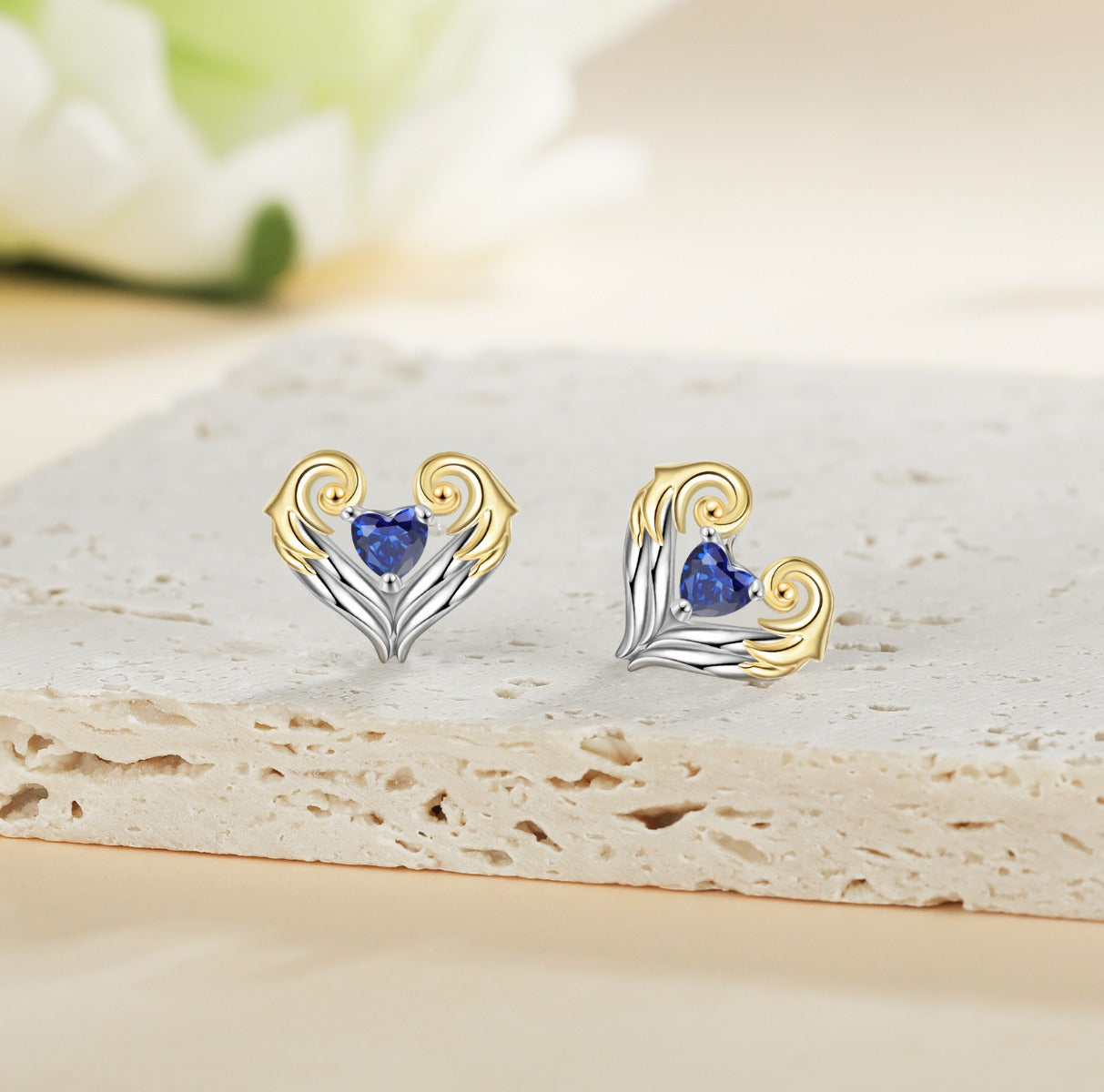 Rhodium Plated Birthstone Heart Stud Earrings