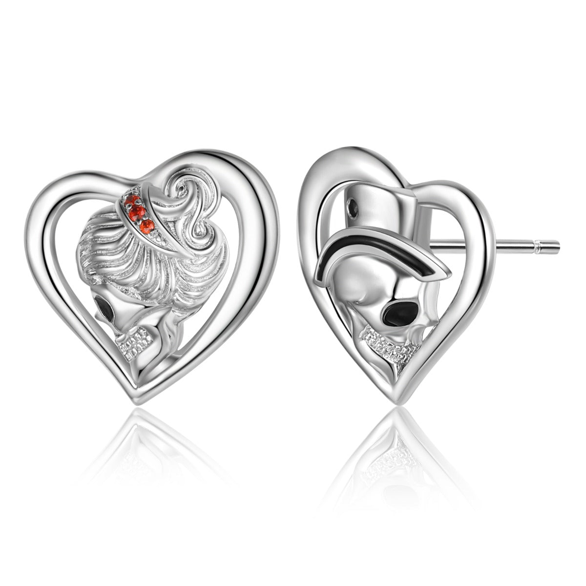 Rhodium Plated Couple Skull Earrings