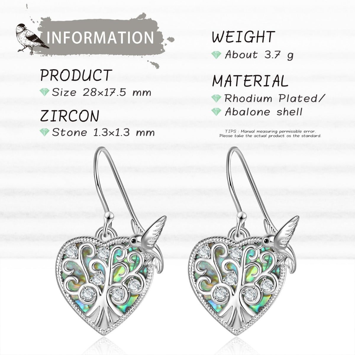 Rhodium Plated Heart Shape Bird and Tree Earrings