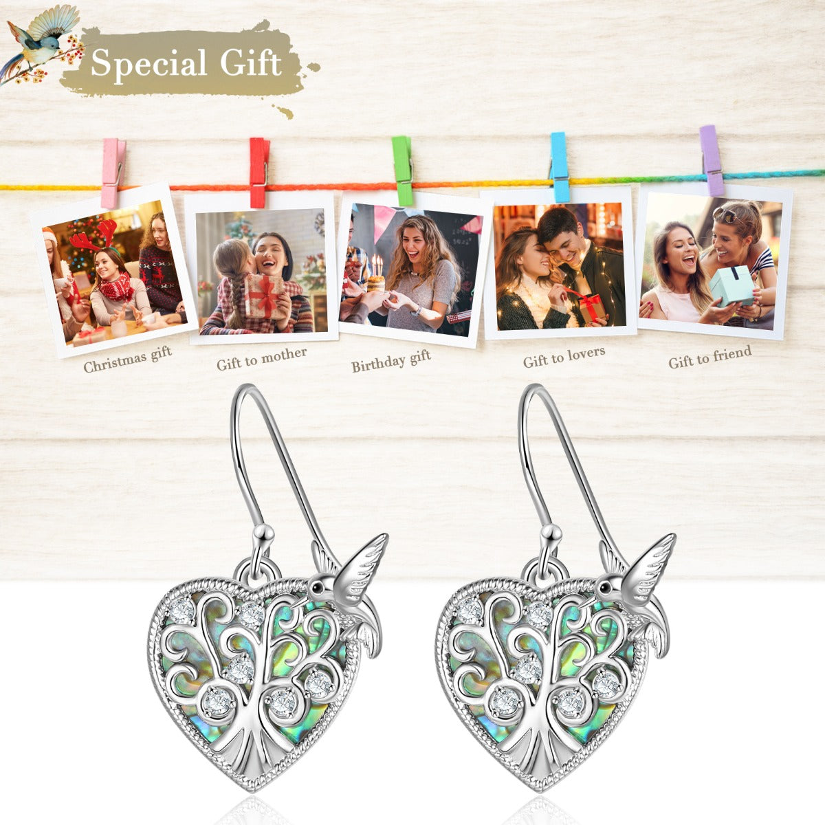 Rhodium Plated Heart Shape Bird and Tree Earrings