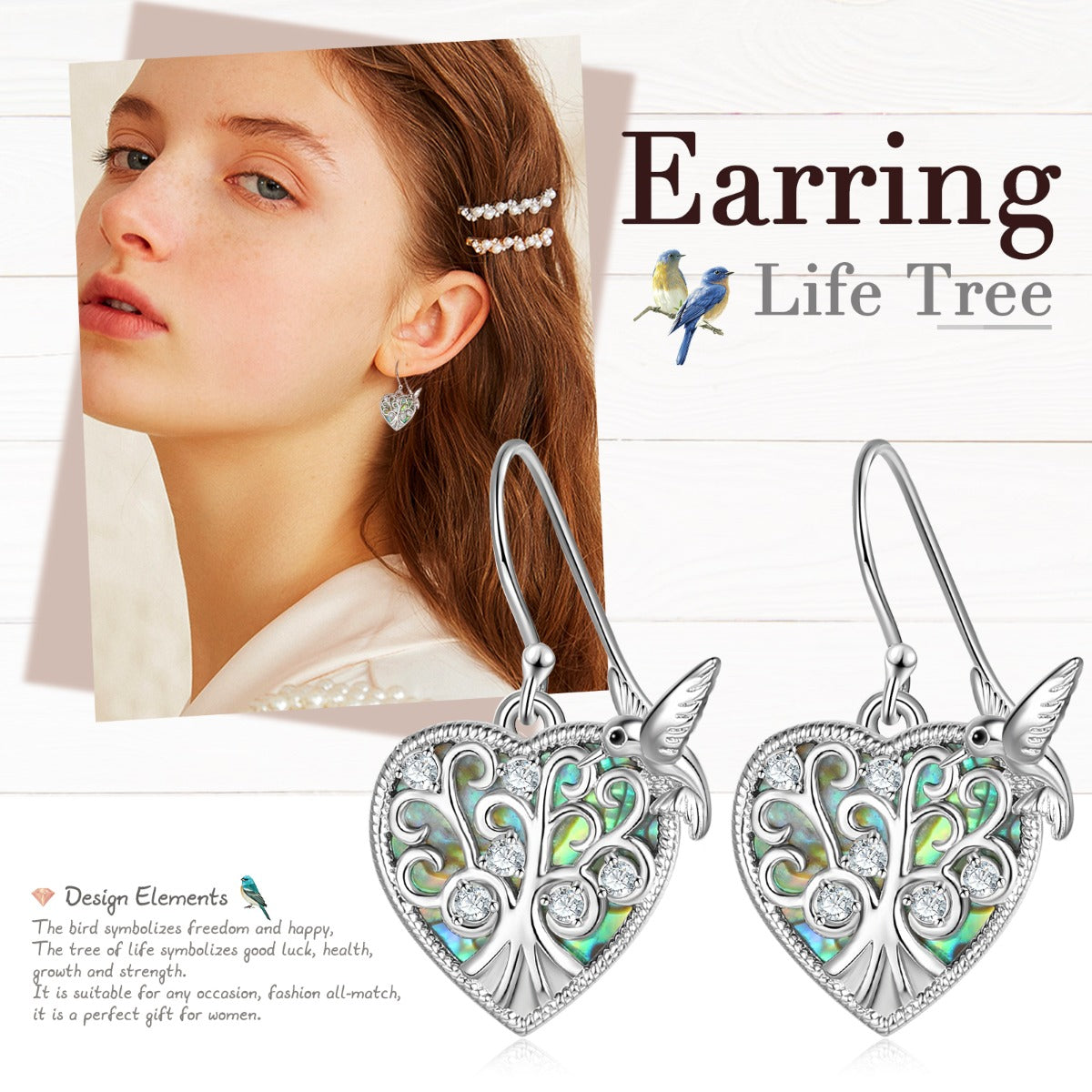 Rhodium Plated Heart Shape Bird and Tree Earrings