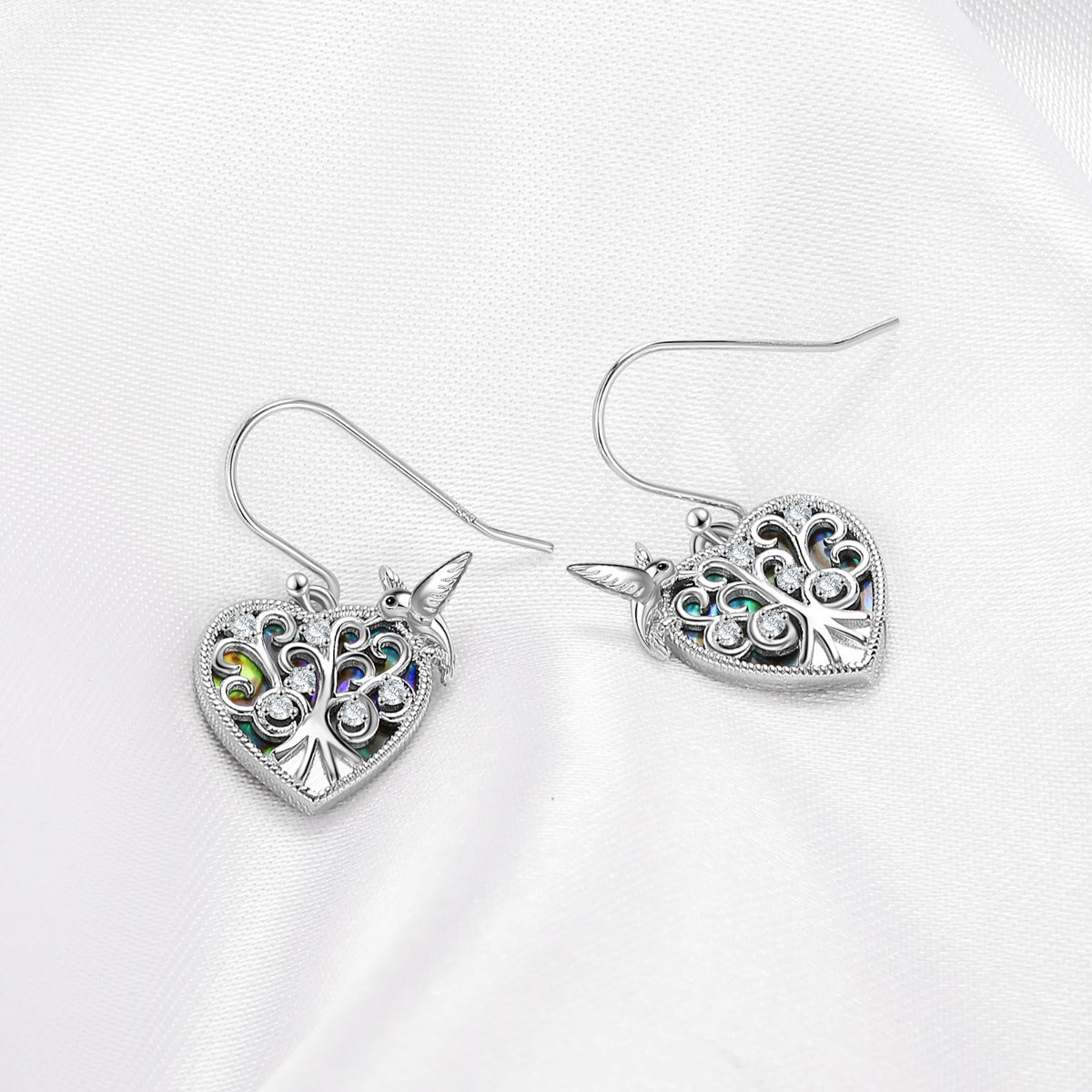 Rhodium Plated Heart Shape Bird and Tree Earrings