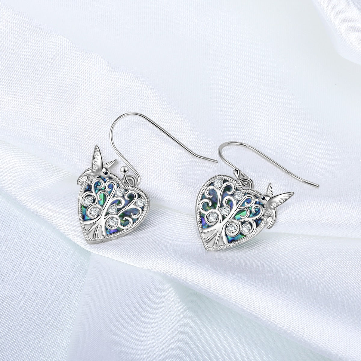 Rhodium Plated Heart Shape Bird and Tree Earrings