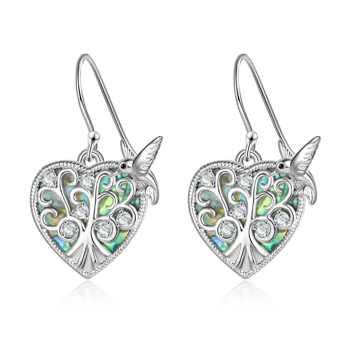 Rhodium Plated Heart Shape Bird and Tree Earrings