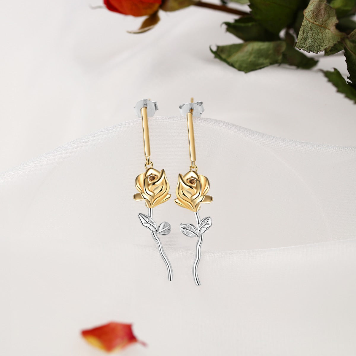 Rhodium Plated Rose Flower Earrings