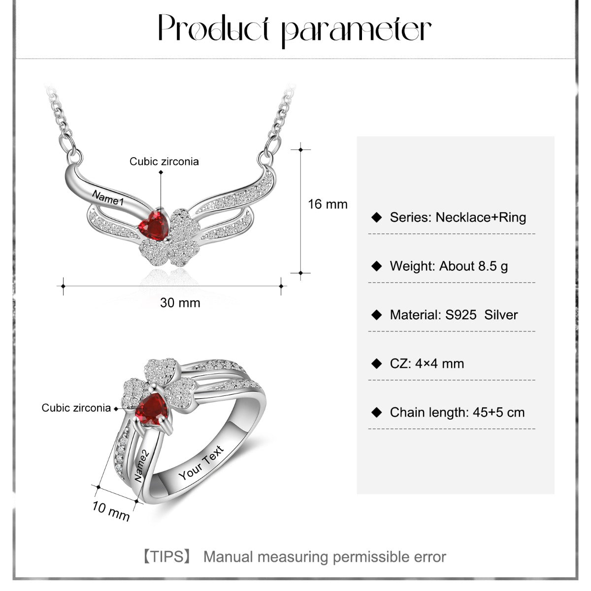 Engraved S925 Silver Jewelry Set with Clover Necklace CZ Ring