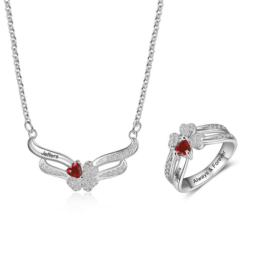 Engraved S925 Silver Jewelry Set with Clover Necklace CZ Ring