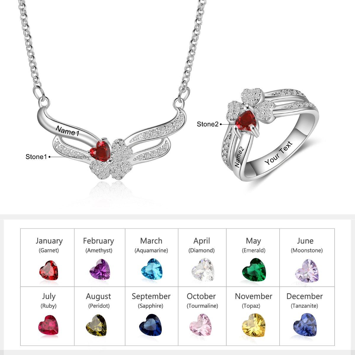 Engraved S925 Silver Jewelry Set with Clover Necklace CZ Ring