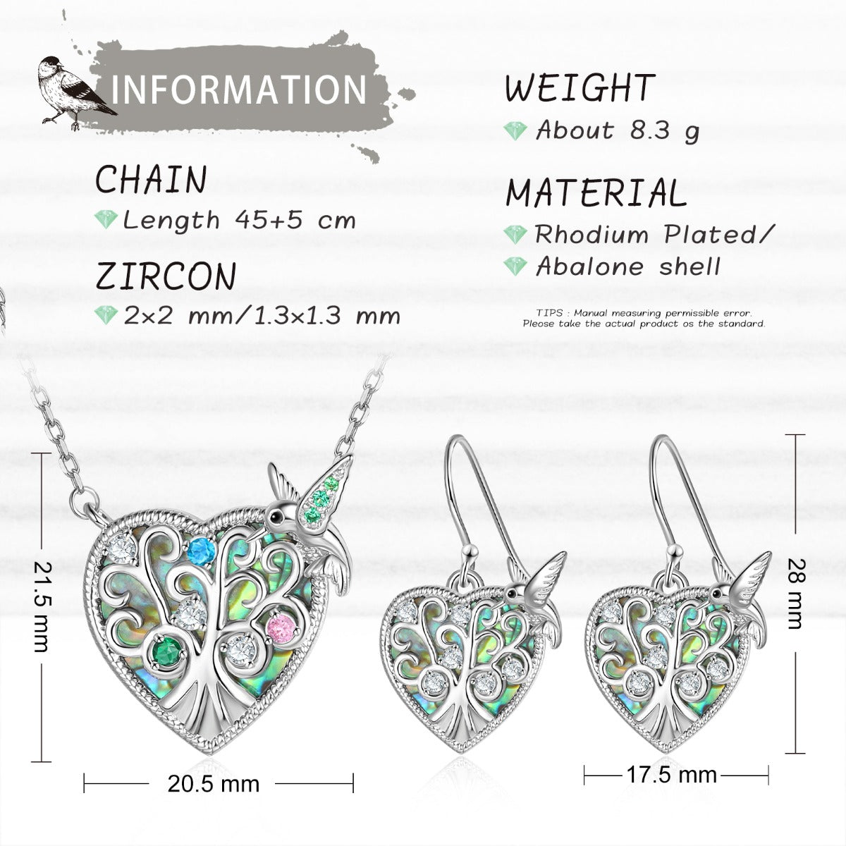 Rhodium Plated Bird and Tree Heart Shape Jewelry Set