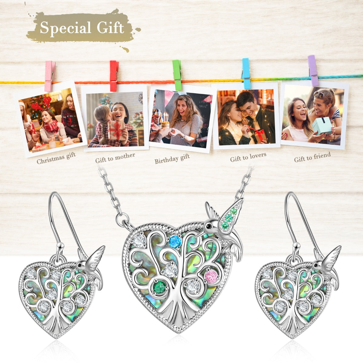 Rhodium Plated Bird and Tree Heart Shape Jewelry Set