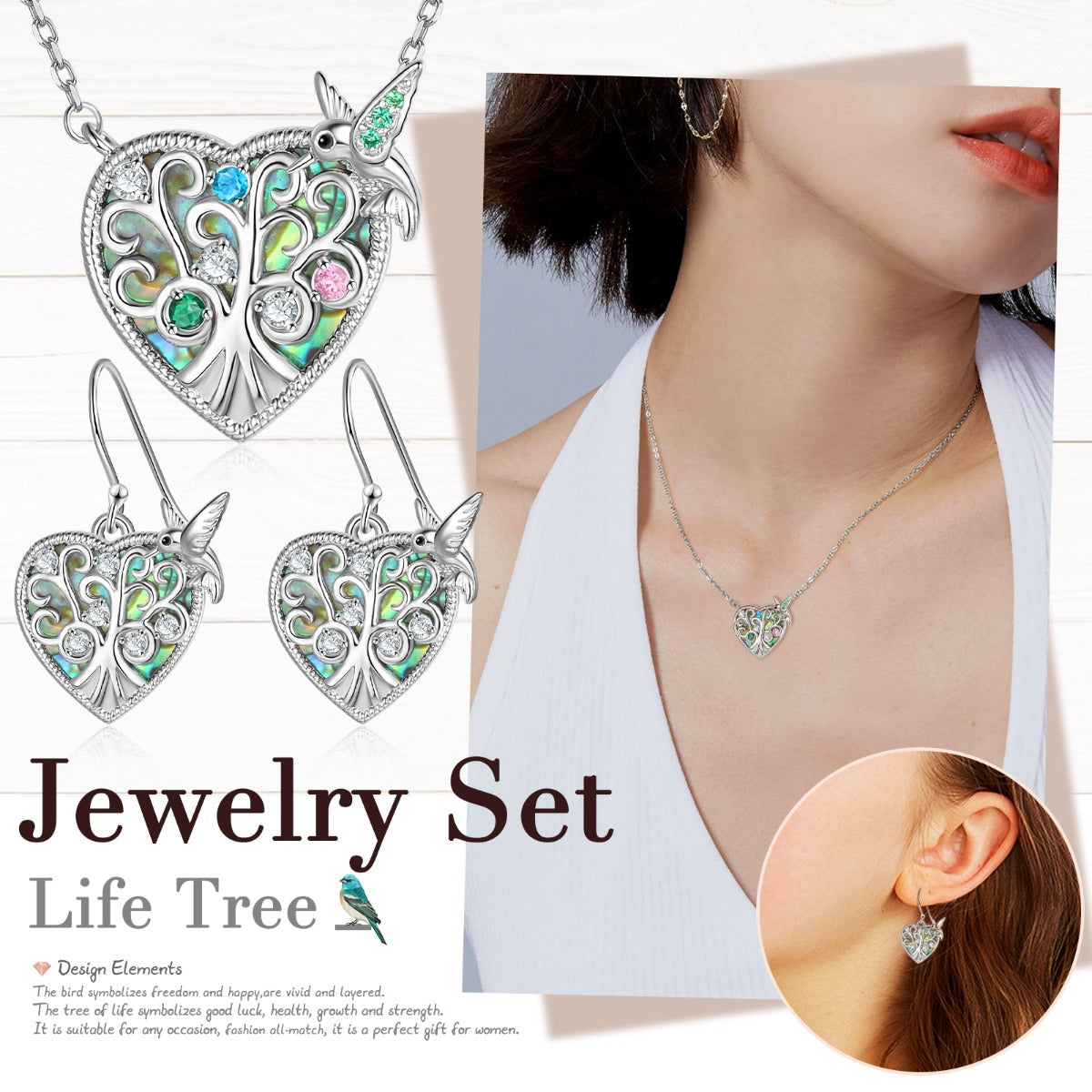 Rhodium Plated Bird and Tree Heart Shape Jewelry Set